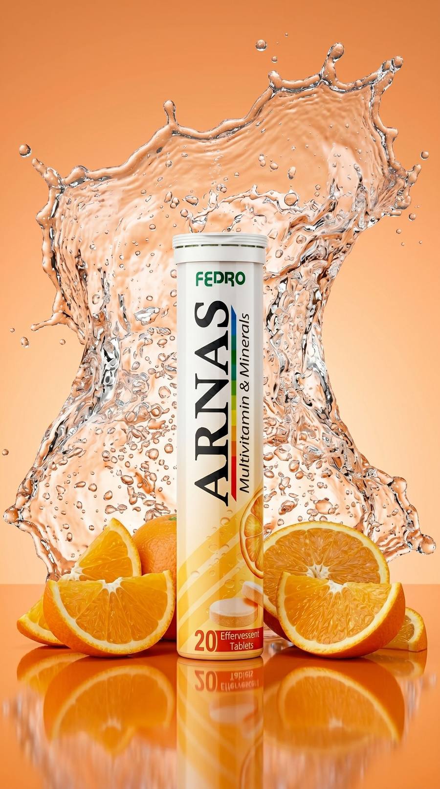 ARNAS tube behind a dynamic water splash with orange slices