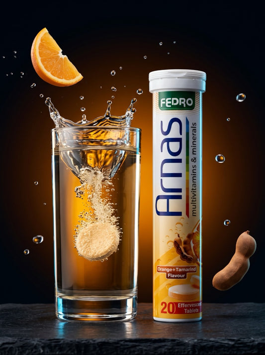 ARNAS tablet dissolving in a glass beside the tube