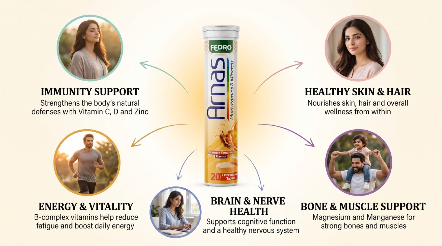 ARNAS benefits: immunity support, healthy skin and hair, energy and vitality, brain and nerve health, bone and muscle support