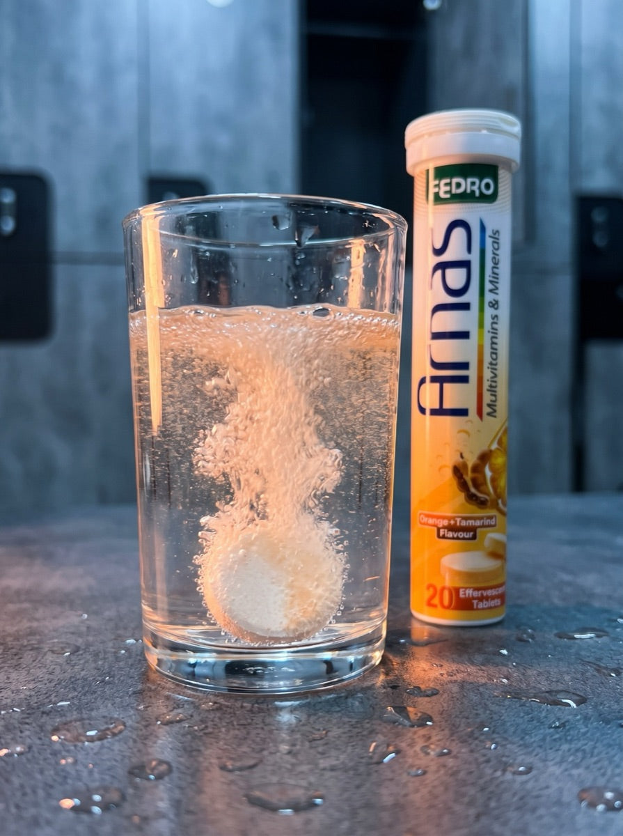 ARNAS tube beside a fizzing glass of orange effervescent drink on a sunlit kitchen counter