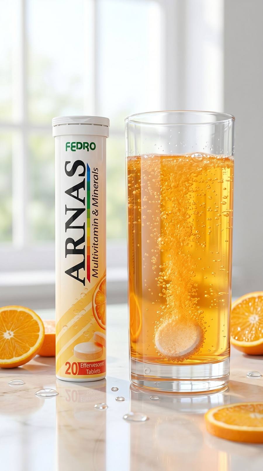 ARNAS effervescent tablet dissolving in a glass of water beside the ARNAS tube
