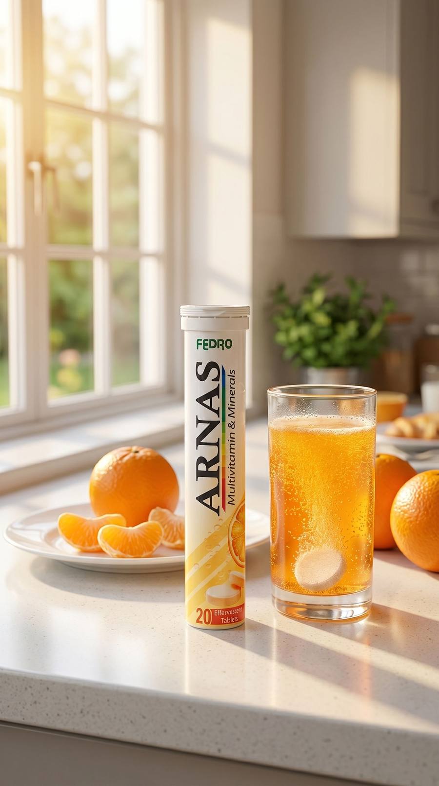 ARNAS tube beside a fizzing glass of orange effervescent drink on a sunlit kitchen counter