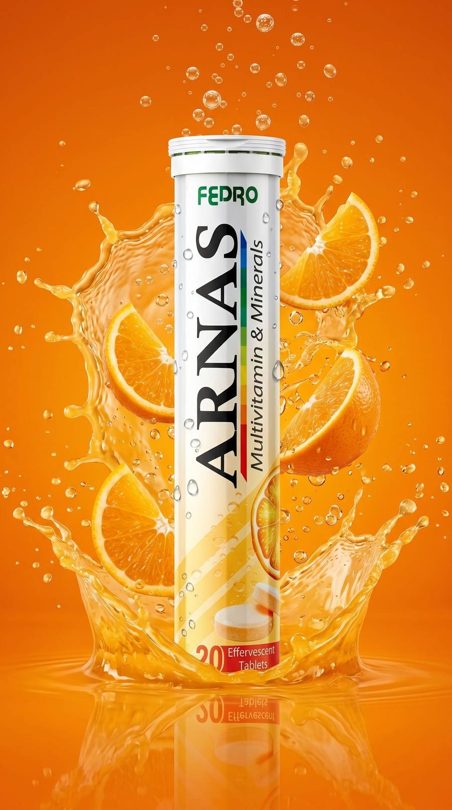 ARNAS tube surrounded by fresh orange slices and a citrus splash