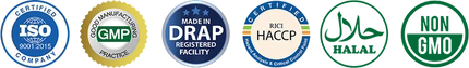 ISO 9001:2015, GMP, DRAP registered facility, HACCP, Halal and Non-GMO certified